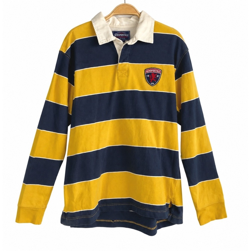 Vintage Y2K Aeropostale Rugby Polo Shirt Men L Yellow Navy Striped Academia LS